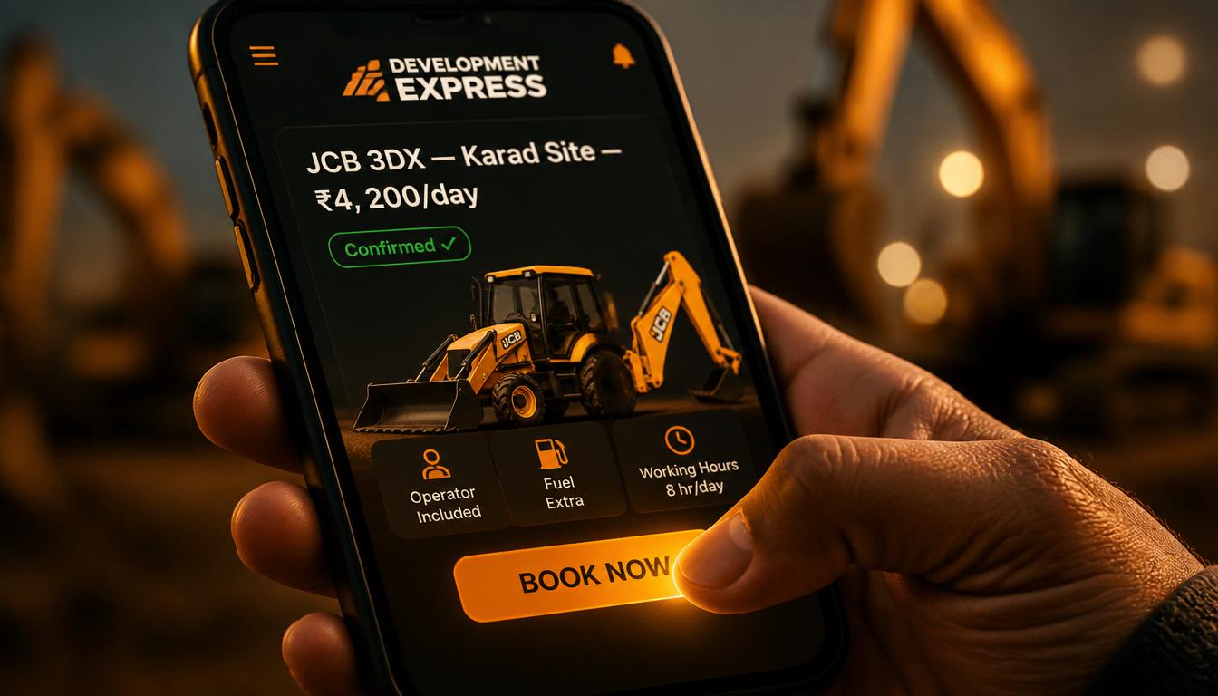 Book JCB 3DX on Development Express — tap BOOK NOW on your phone